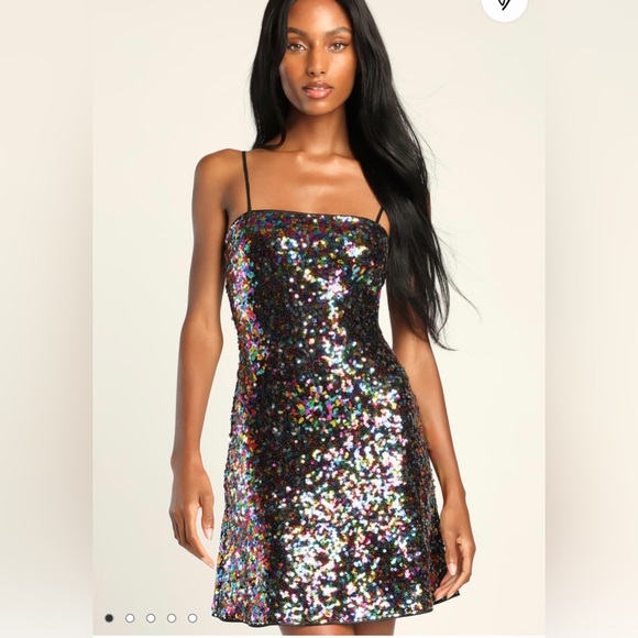Lulus Spotlight Shimmer Black Multi Sequin Mini Skater Dress multicolor - Picture 2 of 10